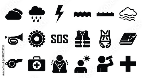 Comprehensive collection of emergency weather and safety survival icons for use in infographics mobile applications and instructional materials.