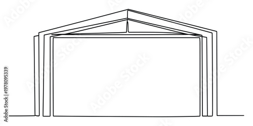 Single continuous line drawing portraying a minimalist building entrance or modern garage with a gabled roof structure, suitable for architectural blueprints, construction project designs,