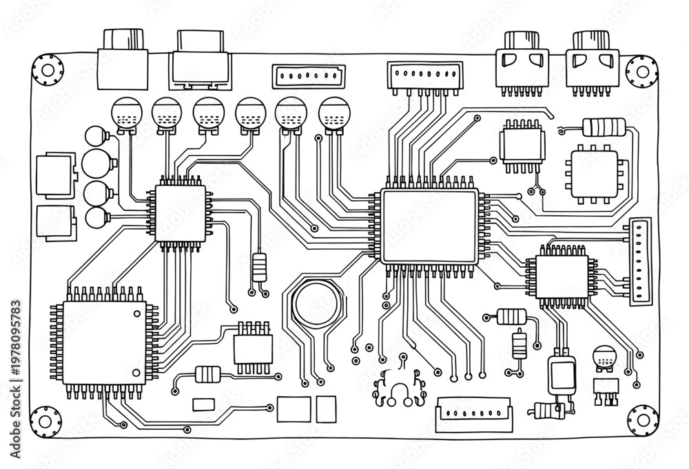 Fototapeta premium Detailed line drawing of a circuit board showing microchips, resistors, capacitors, and connectors, ideal for technology education and electronic hardware design presentations