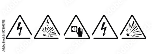 Electrical Hazard and Danger Warning Symbols Vector Set with High Voltage, Fire, Biohazard, and Safety Pictograms