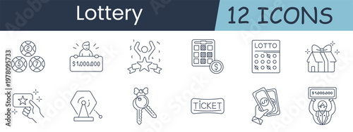Lottery set icon. Balls, jackpot, winner, calculator, lotto, gift, star, antenna, keys, ticket, cash, prize, luck, gambling, fortune, draw, celebration, reward