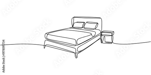 Continuous one line drawing of double bed and table and loft chandelier lamps.one line vector illustration with out background