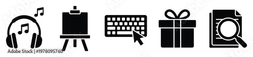 Collection of essential icons depicting multimedia entertainment, creative arts, computer technology, thoughtful gifts, and document search capabilities for modern digital interfaces