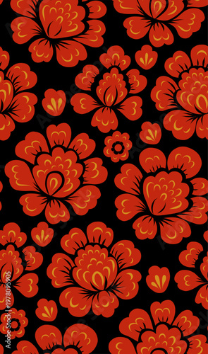 Vector seamless pattern red decorative flowers on black background. Floral folk art texture. Slavic background with poppies for wallpaper and wrapping