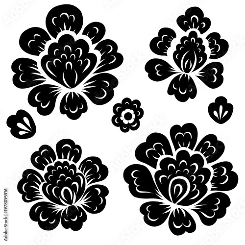 Vector set of black silhouette of decorative flowers. Monochrome collection of floral folk art clip art. Slavic flowers prints for cards and stickers.