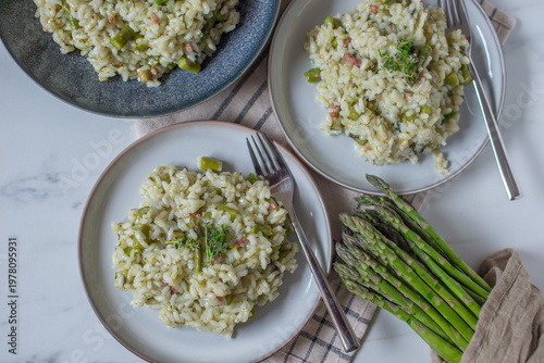 Spring food; Delicious risotto with asparagus and wild garlic