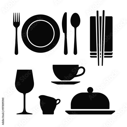 A set of black silhouettes of dining utensils and dishes