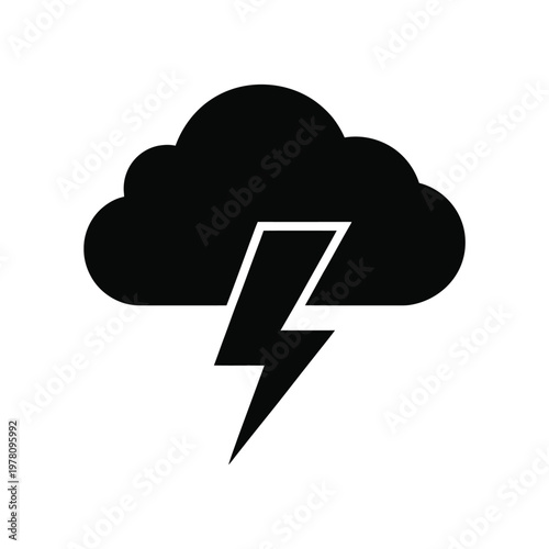 A black cloud with a lightning bolt on a white background