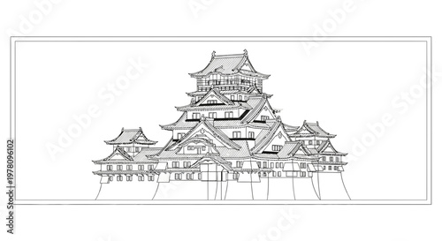 Traditional Japanese Castle Architectural Drawing, Black and White Sketch