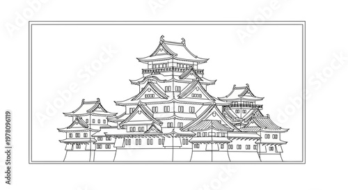 Traditional Japanese Castle Architecture Drawing, Ancient Fortress Sketch, Historical Landmark