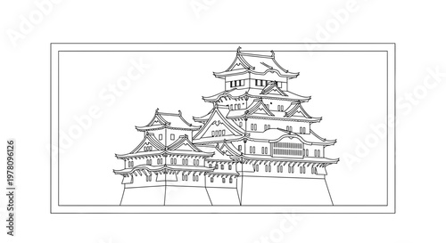 Traditional Japanese Castle Architecture Drawing - Historic Landmark Illustration