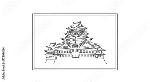 Traditional Japanese Castle Drawing, Architectural Sketch, Historic Landmark