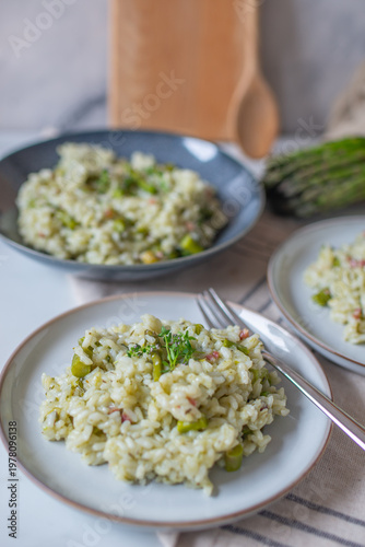 Spring food; Delicious risotto with asparagus and wild garlic