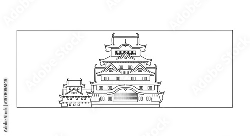 Traditional Japanese Castle Outline Drawing - Historic Architecture Landmark
