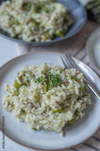 Spring food; Delicious risotto with asparagus and wild garlic