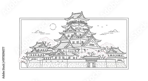 Traditional Japanese Castle Outline Drawing, Historic Architecture, Cultural Landmark
