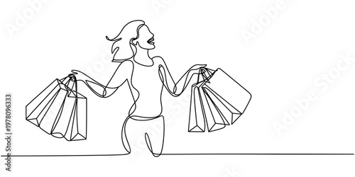 Continuous singe one line drawing art of happiness woman holding paper shopping bags. Vector illustration of shopper big sale consumerism concept
