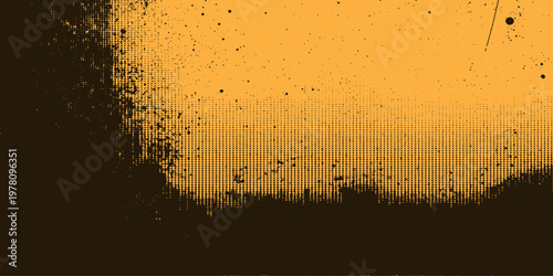 Abstract grunge texture background featuring a macro design of gold liquid bubbles and orange alcohol drops on a cold glass backdrop