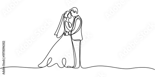 Single continuous line drawing man holding a woman wearing wedding dress with bouquet. Boy in love giving flowers. Happy couple getting ready for wedding party. one line Icon drawing.