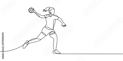 Continuous one line drawing young energic female rugby player in at stadium. Professional sport, competition, motivation, game, championship. Single line draw design vector illustration.