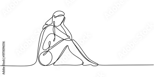 Continuous line drawings of a young woman feeling sad, tired and worried about mental health depression. problems, failures and broken heart concepts isolated on white background.