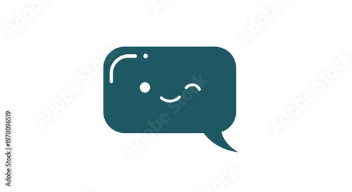 Winking chat speech bubble, smiling icon, teal color, vector emoticon, conversation symbol