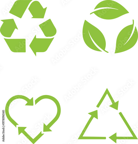  Recycle Icon Set Vector. Eco Arrows, Heart and Leaf Symbols with Rounded Corners Isolated on White.