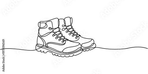 Continuous line drawing of man work boots. Single one line art of safety hiking boots. Vector illustration