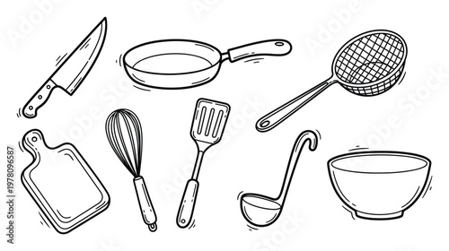 A complete collection of hand drawn kitchen utensils and cooking tools perfect for culinary projects, recipe books, food preparation guides, or kitchenthemed educational materials.