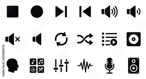 Collection of essential audio player controls and sound interface icons perfect for media application development and music technology user interface design elements