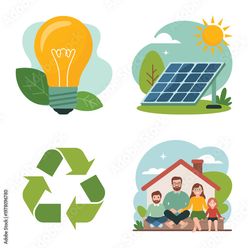 A family sitting in front of their eco-friendly home with solar panels and a recycling symbol nearby