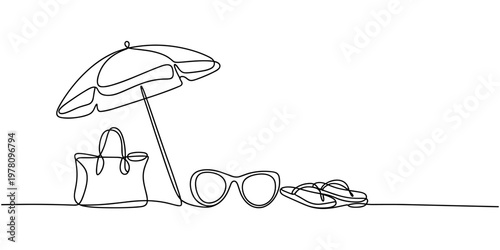 Continuous line drawing of summer concept, sandy beach, straw hat, starfish, bag, sunglasses and flip flops on tropical beach in one line doodle style. Editable stroke.