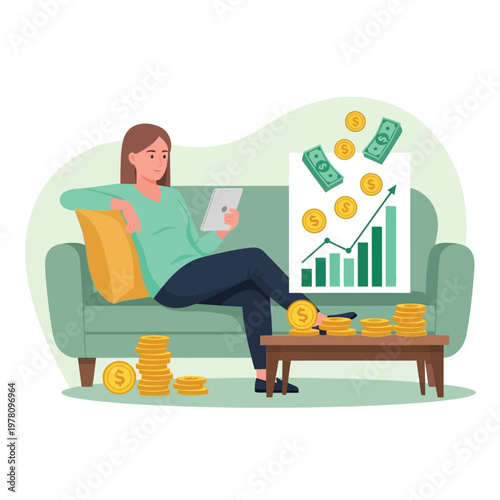 Young woman manages personal finances online, comfortably observing wealth growth and investment success through digital platforms, symbolizing smart financial planning