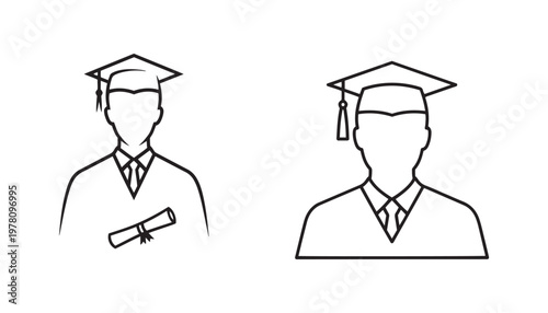 Graduates wearing caps and gowns with diplomas outline icons with two outline vector icons representing graduates