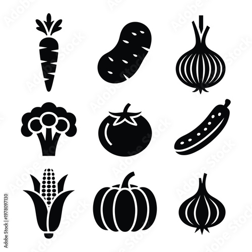 A collection of black vegetable icons on a white background