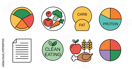 Balanced Meal Planning Icons Nutrition Plate Protein Carbs Fat Diet Healthy Food Chart Vector Illustration Set Isolated Background