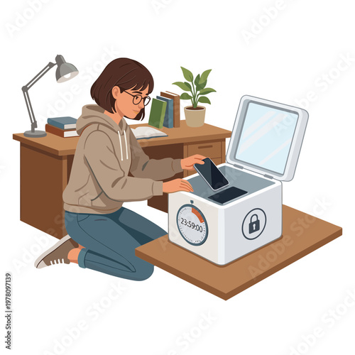 A woman sits on the floor opening a small safe box on a wooden table in her home office.