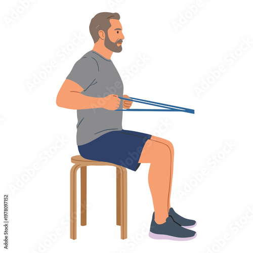 Man exercises with resistance band while sitting on chair indoors