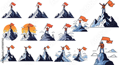 Mountain Climber Icon Set with Flag, Summit Achievement, and Victory Illustrations
