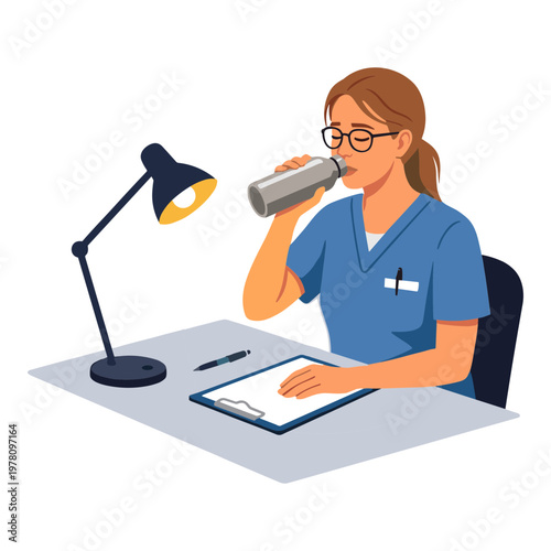 A woman in blue scrubs sits at a desk drinking from a bottle next to a lamp.