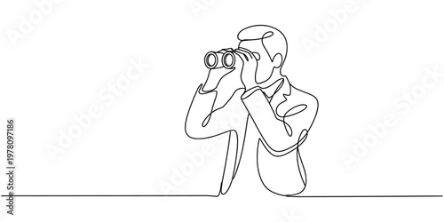 Continuous one line drawing tourist man looking through big binoculars far ahead. Young gentleman is traveling with field glasses. one line Icon drawing
