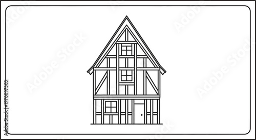 Outline of a Traditional Timbered House with Gable Roof and Windows