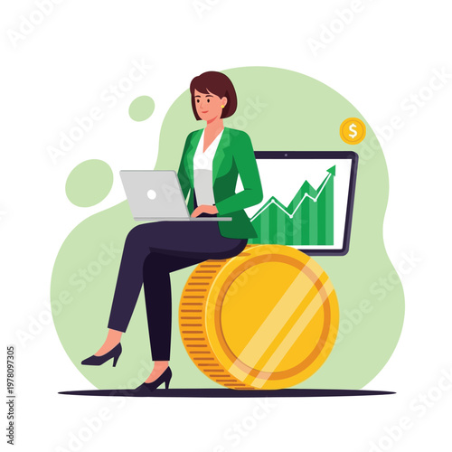 Financial growth concept illustration of a businesswoman with a laptop sitting on a large coin, beside a stock market graph