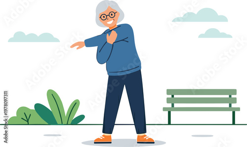 Elderly woman exercising outdoors near a park bench on a sunny day