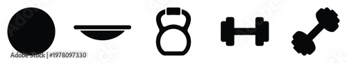 Collection of various fitness equipment icons including a medicine ball, balance trainer, kettlebell, dumbbell, and hand weight for workout and healthrelated content
