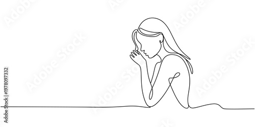 naked woman sitting continuous one line drawing, hand drawn young beauty woman sitting back side one line drawing continuous minimalism copy space thin line illustration.