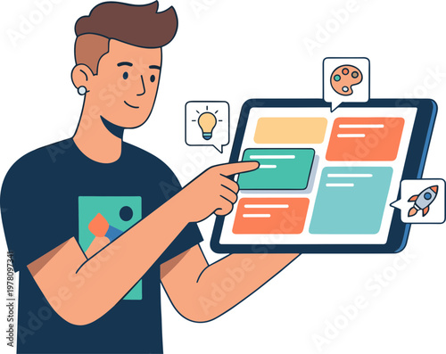 A man presenting a digital tablet with colorful rectangles to the viewer