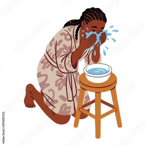 Woman crying while washing face with water from a bowl on a stool