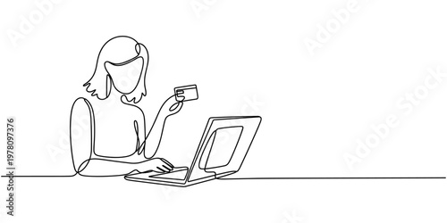 Vector one line Illustration of a young woman in front of a laptop, holding a credit card. Continuous Line Drawing of online shop