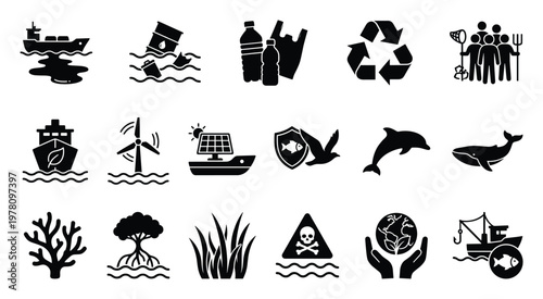 Comprehensive collection of ocean conservation and marine pollution glyph icons representing environmental protection, sustainable sea transport, aquatic wildlife, and ecological threats